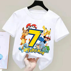 Pokemons Pikachu Kids T Shirts Birthday Number 1-9 Printed T Shirt Boys Girls Summer Casual Short Sleeves Tops Children Clothing