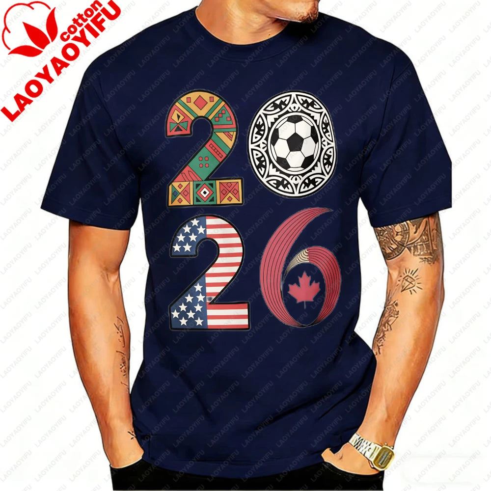 2026 USA Canada Mexico Soccer T-Shirt Cotton Shirt Tribal & Flag Graphic Tee, Ideal Gift for North American Football Enthusiasts