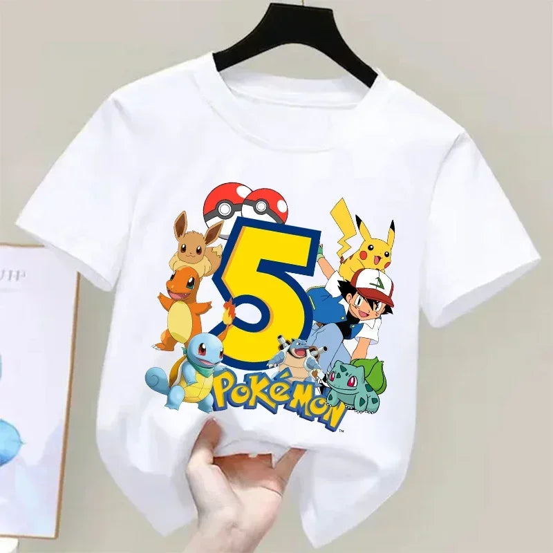 Pokemons Pikachu Kids T Shirts Birthday Number 1-9 Printed T Shirt Boys Girls Summer Casual Short Sleeves Tops Children Clothing