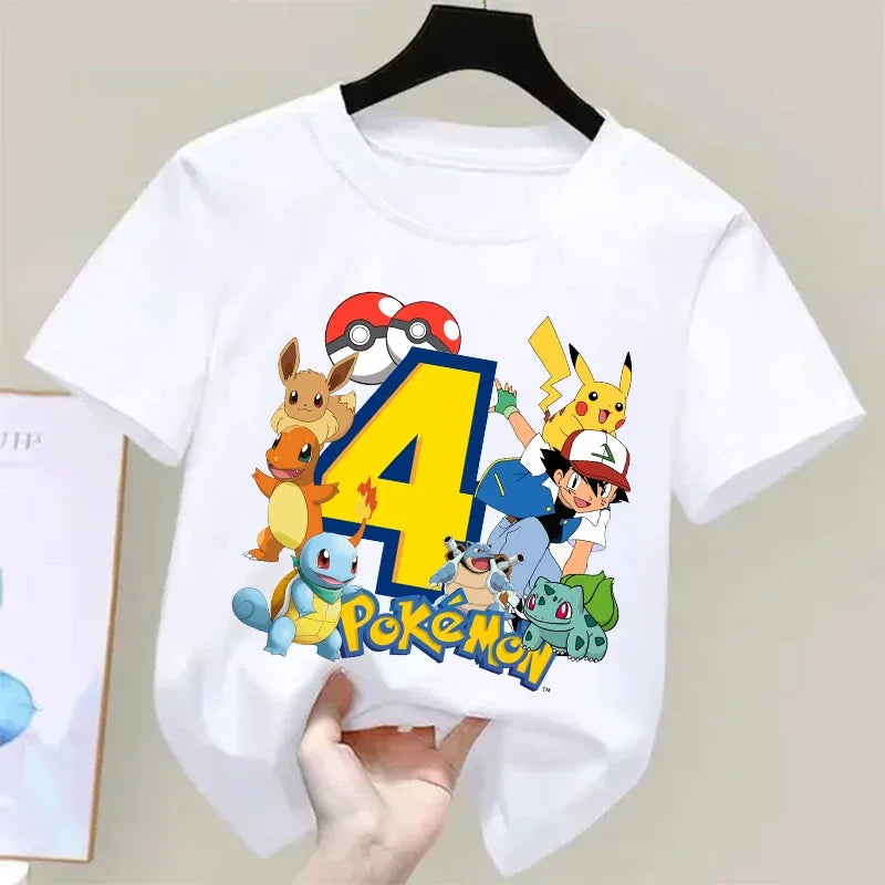 Pokemons Pikachu Kids T Shirts Birthday Number 1-9 Printed T Shirt Boys Girls Summer Casual Short Sleeves Tops Children Clothing