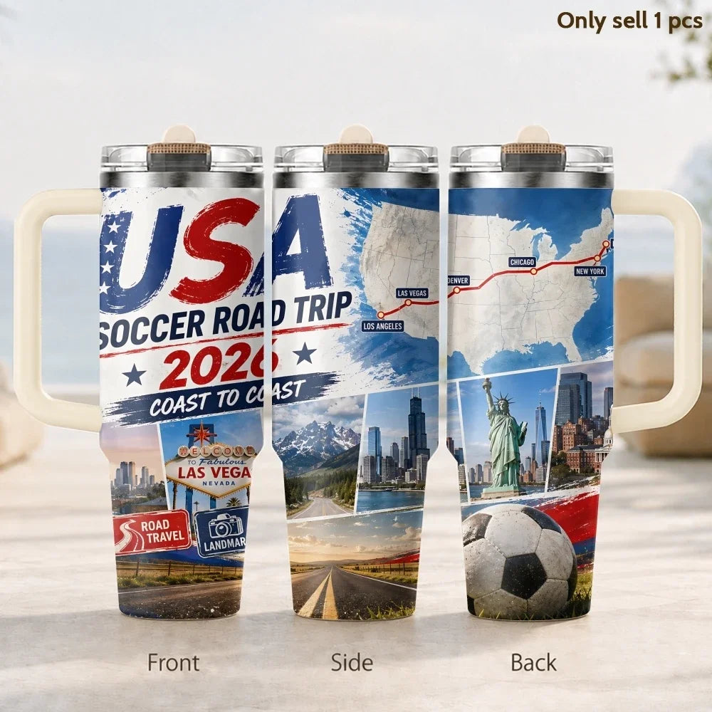 USA Soccer Road Trip 2026 Vacuum Flasks 40oz 3rd Gen Insulated Stainless Steel Tumbler Cup with Handle Straw Lid for Gifts