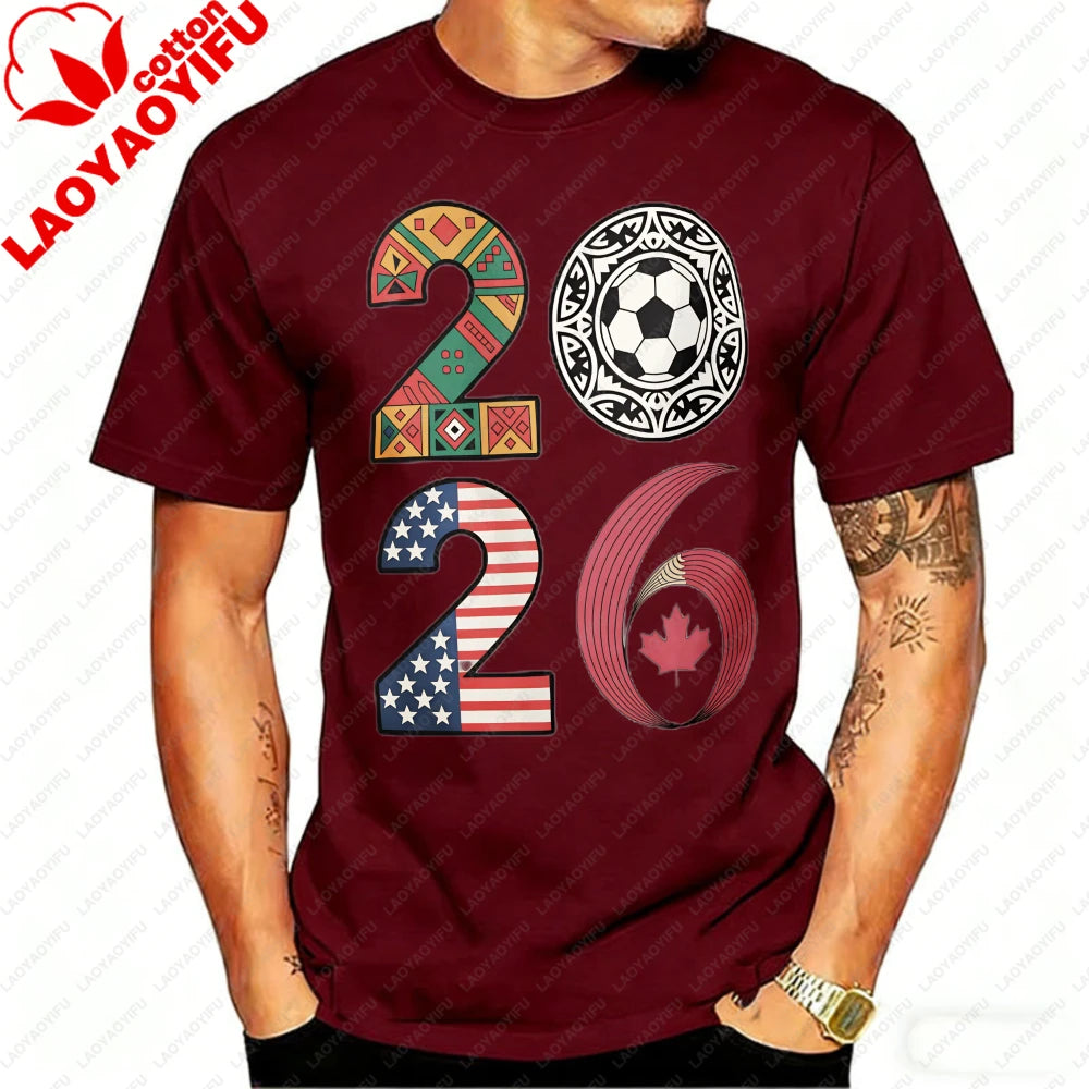 2026 USA Canada Mexico Soccer T-Shirt Cotton Shirt Tribal & Flag Graphic Tee, Ideal Gift for North American Football Enthusiasts