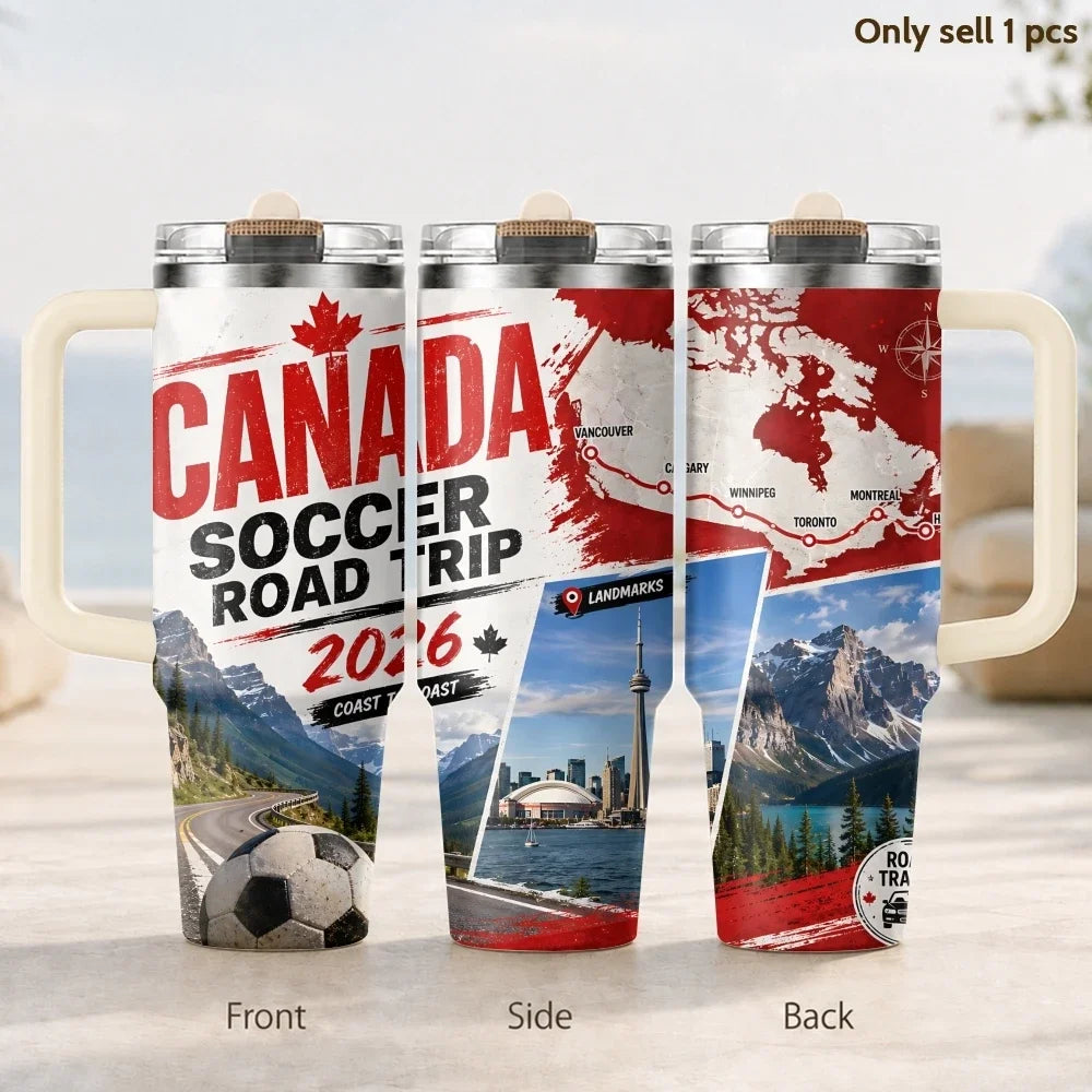 USA Soccer Road Trip 2026 Vacuum Flasks 40oz 3rd Gen Insulated Stainless Steel Tumbler Cup with Handle Straw Lid for Gifts