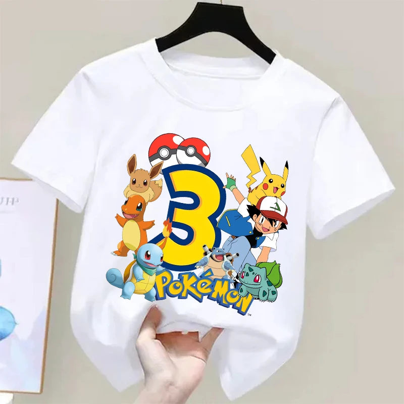 Pokemons Pikachu Kids T Shirts Birthday Number 1-9 Printed T Shirt Boys Girls Summer Casual Short Sleeves Tops Children Clothing